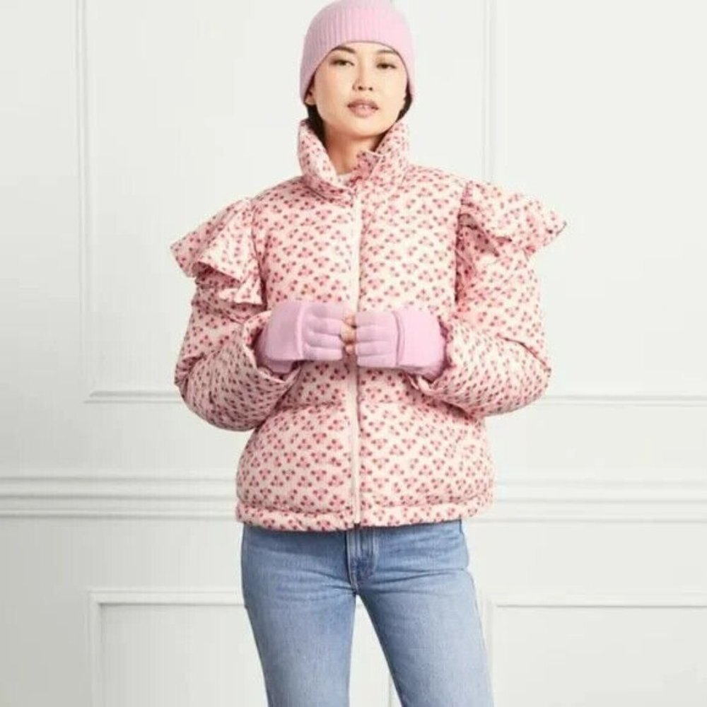 Hill House Womens The Violet Ruffle Sleeve Puffer Jacket Pink Spaced Floral‎ XL